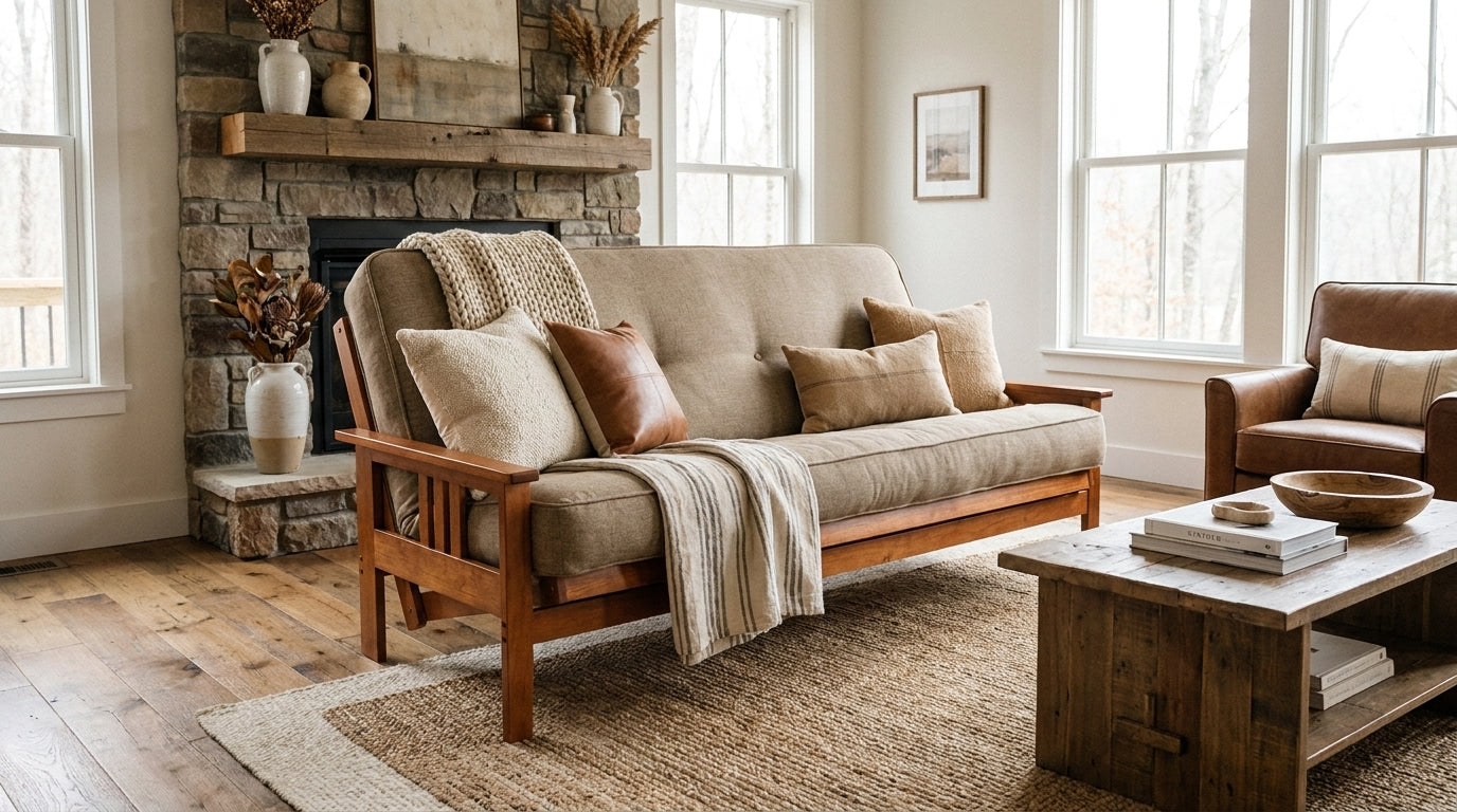 Mission Arm futon set in a rustic living room