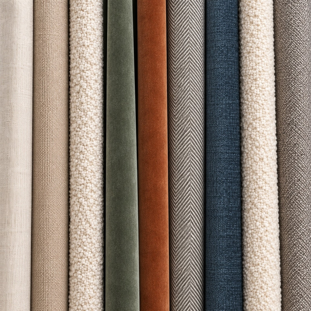 A close-up vertical arrangement of multiple fabric or material swatches in neutral and earthy tones, including cream, beige, sage green, rust brown, gray herringbone, navy blue, and taupe.