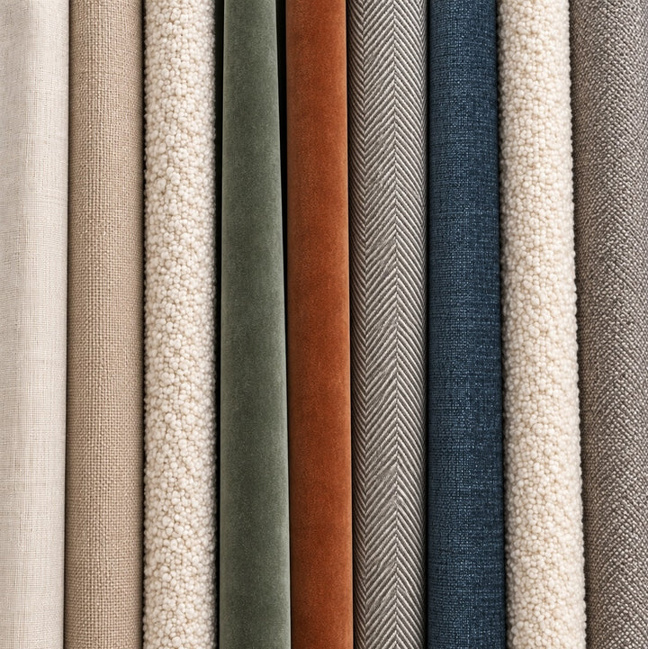 A close-up vertical arrangement of multiple fabric or material swatches in neutral and earthy tones, including cream, beige, sage green, rust brown, gray herringbone, navy blue, and taupe.