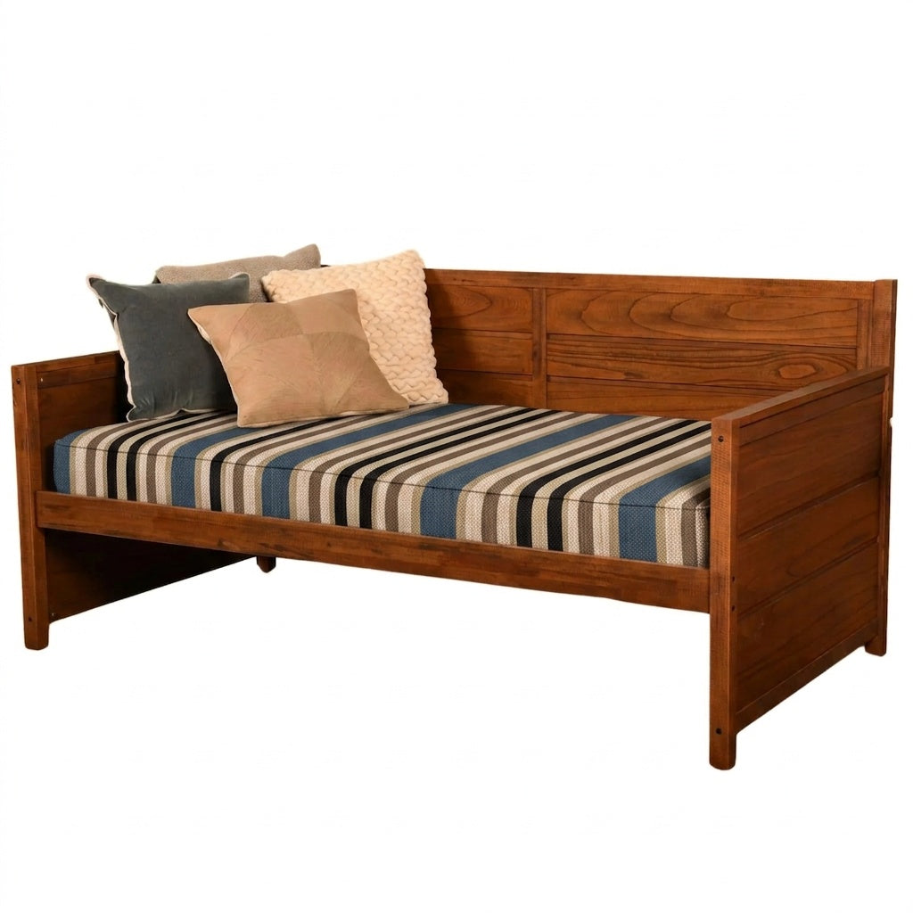 Harbor Stripe Canvas daybed cover shown fitted over a mattress in red and cream stripe