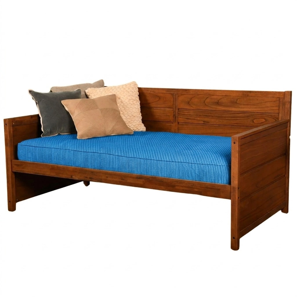 Pacific Blue Outdoor Performance daybed cover shown fitted over a mattress in Pacific blue
