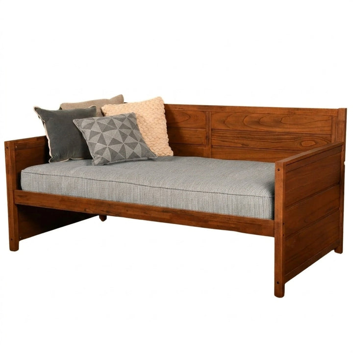 Cool Gray Outdoor Performance daybed cover shown fitted over a mattress in cool gray