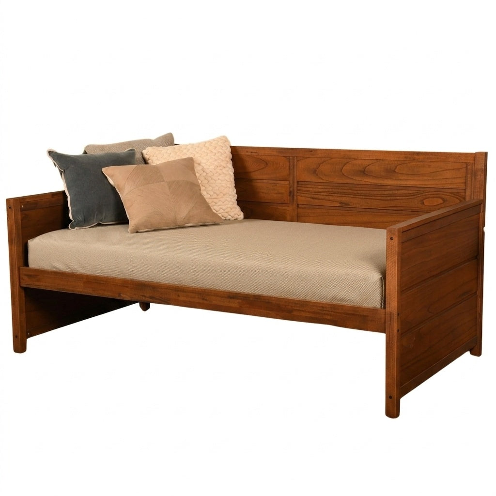 Khaki Outdoor Performance daybed cover shown fitted over a mattress in khaki