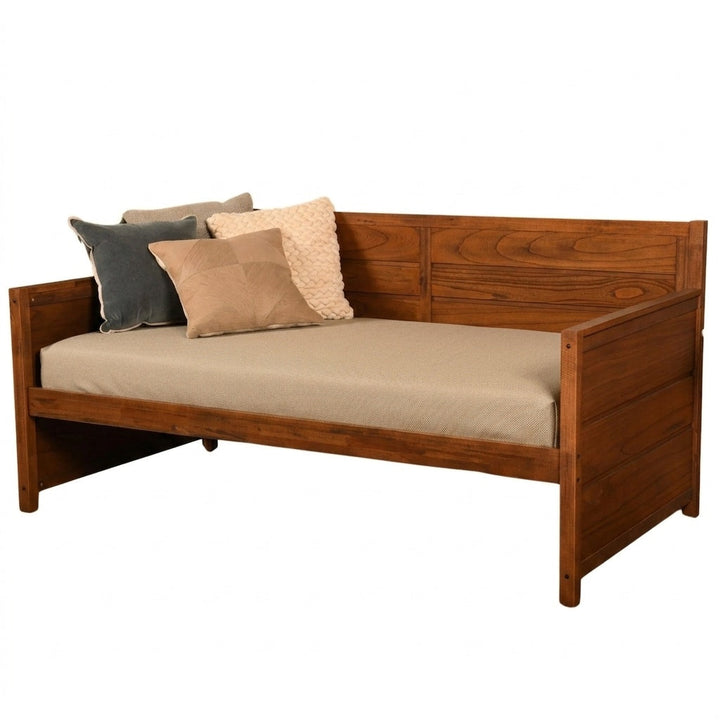 Khaki Outdoor Performance daybed cover shown fitted over a mattress in khaki