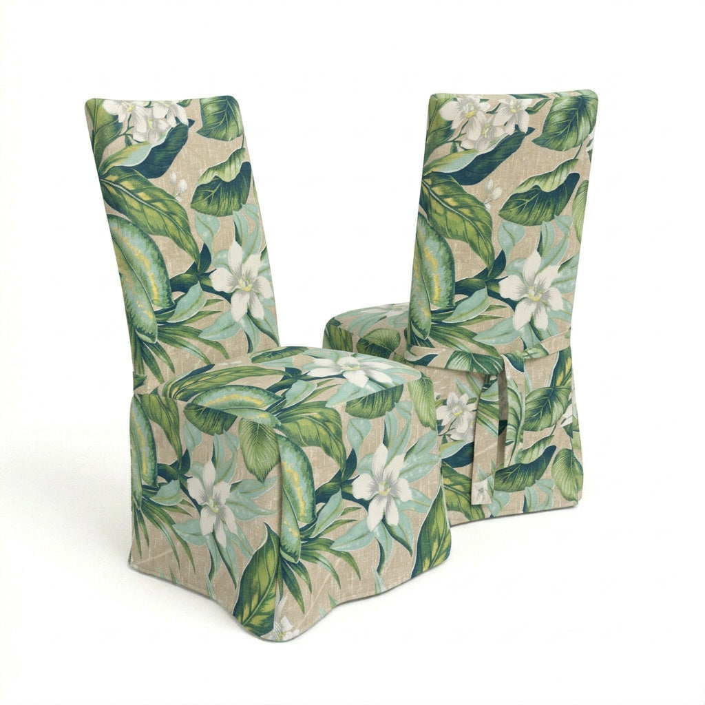 Wild Orchid botanical outdoor performance weave custom dining chair cover