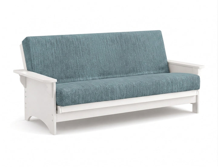 A white wooden futon sofa with a textured teal blue-green cushioned seat and backrest, shown on a plain white background.