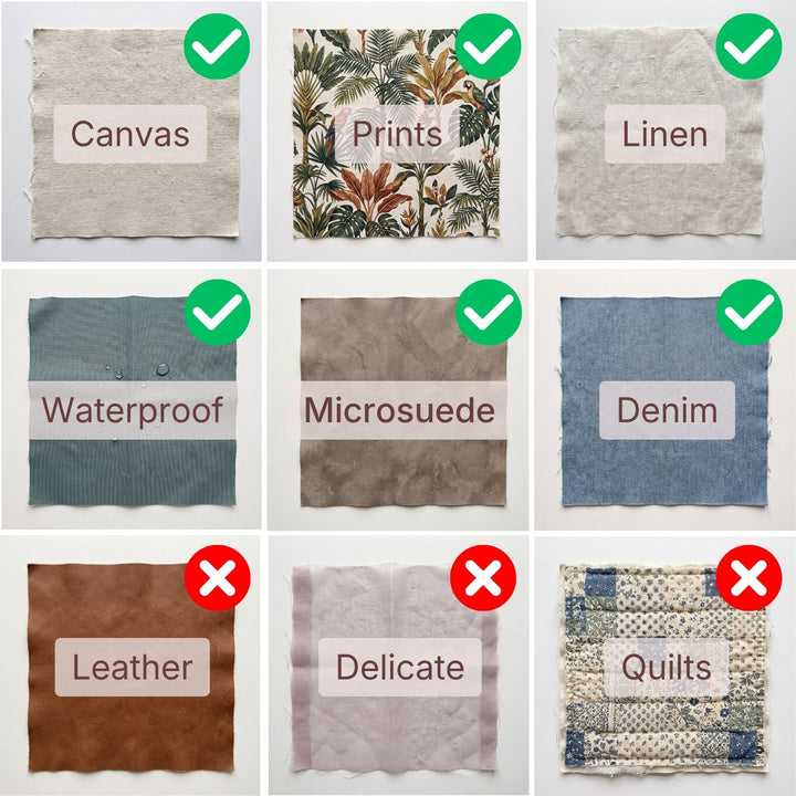 A 3x3 grid showing fabric/material options for bedding or textile products, with labels including Canvas, Prints, Linen, Waterproof, Microsuede, Denim, Leather, Delicate, and Quilts. Green check marks appear on most tiles, and red X marks appear on the bottom row tiles.