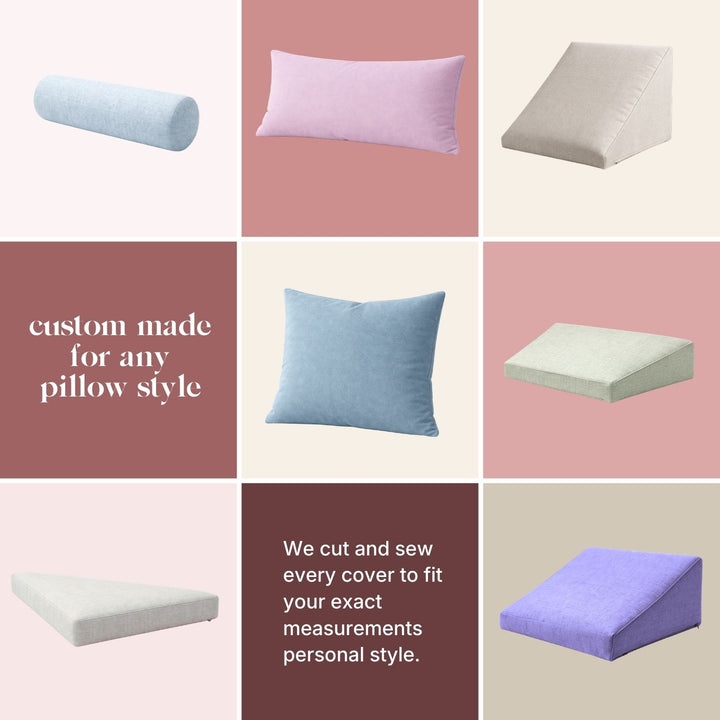 Custom-made pillows, bolsters, and sham covers fit any sofa, loveseat, sectional, futon, outdoor set, or modular sofa style