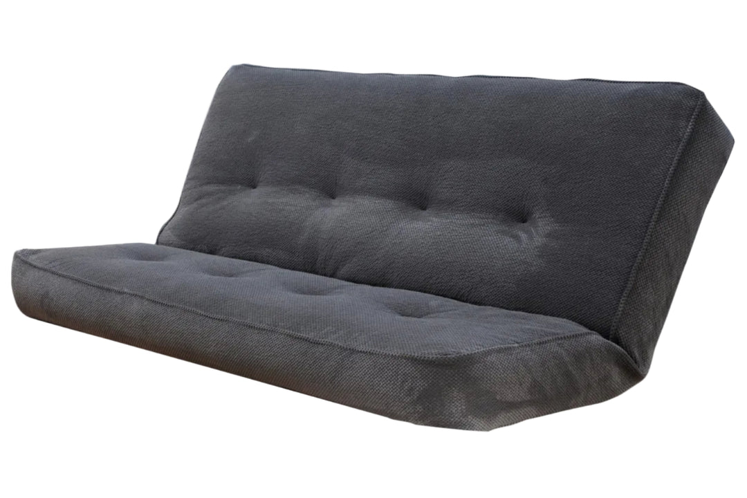 Gray fabric futon sofa on a white background