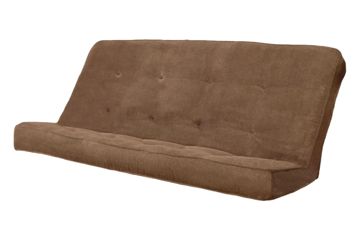 A brown tufted futon sofa cushion with a textured fabric, shown from a three-quarters angle against a plain white background.