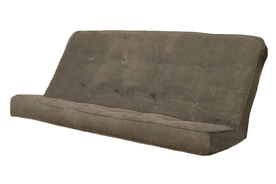 A brown upholstered futon or sofa cushion with a tufted backrest, shown against a plain white background.