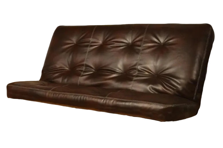 A dark brown tufted leather futon sofa bed with a button-tufted backrest and a thick cushioned seat, shown against a plain white background.