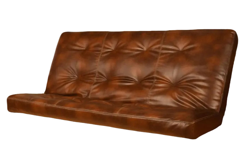 A brown tufted leather futon sofa bed with a button-tufted backrest and thick seat cushion, shown against a plain white background.