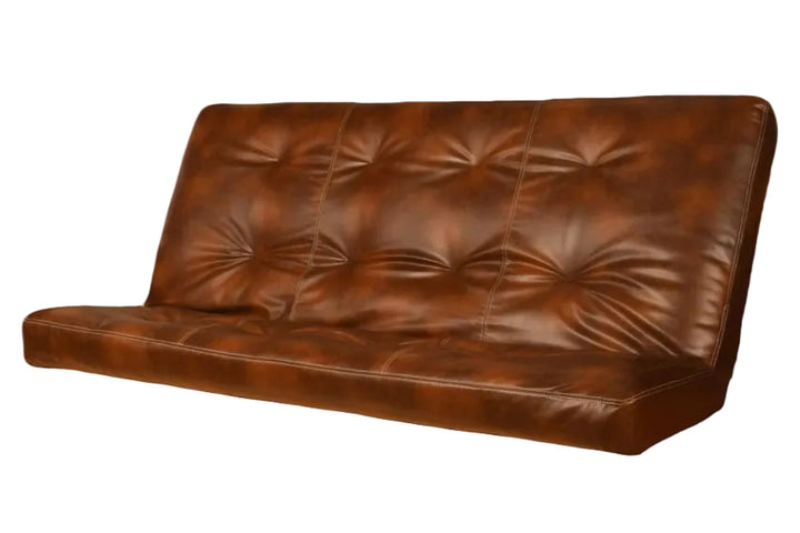 A brown tufted leather futon sofa bed with a button-tufted backrest and thick seat cushion, shown against a plain white background.
