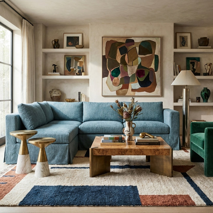 A styled living room featuring a prominent light blue sectional sofa as the main product, set in a warm, modern interior with a wooden coffee table, a colorful geometric area rug, and a large abstract painting on the wall.