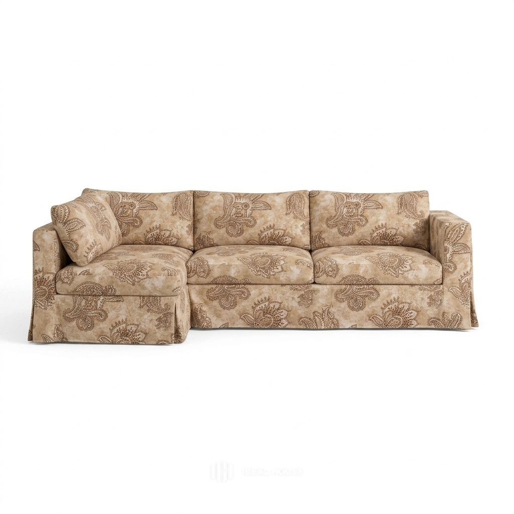 Tan & Coffee Paisley Custom Sectional Slipcover