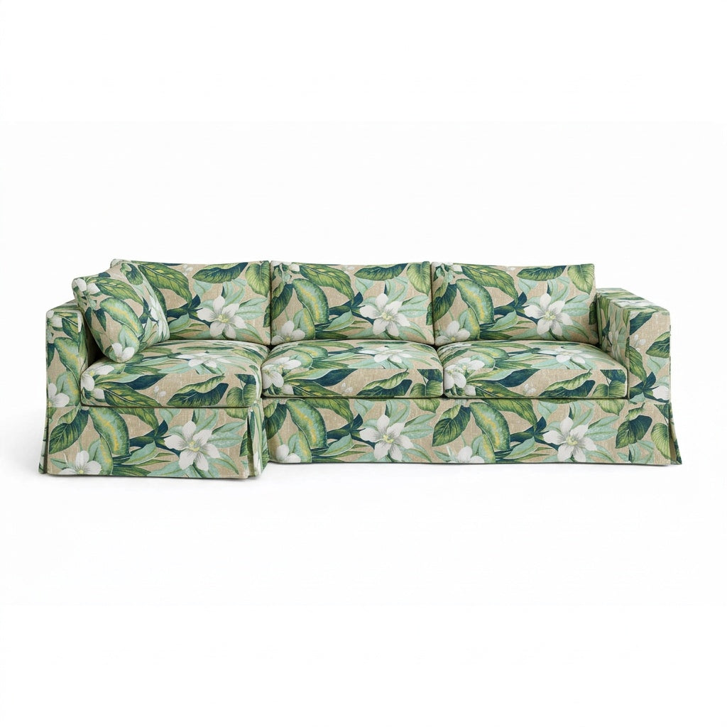 Wild Orchid botanical outdoor performance weave custom sectional sofa slipcover