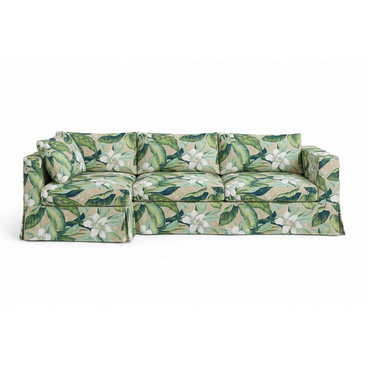 Wild Orchid botanical outdoor performance weave custom sectional sofa slipcover