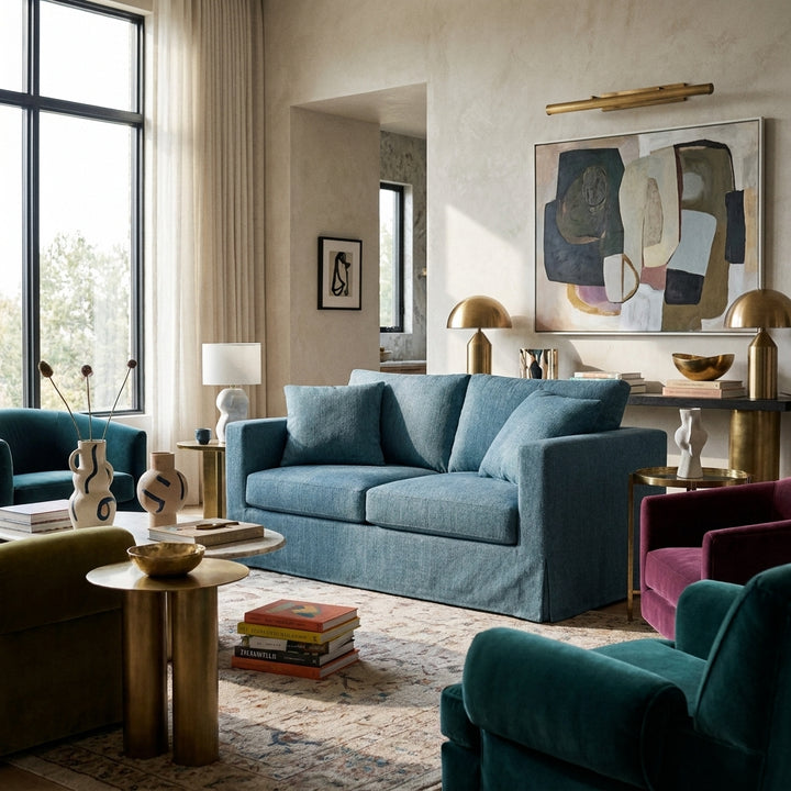 A blue upholstered loveseat in a styled living room with beige walls, gold lamps, a patterned rug, and other furniture including teal and magenta chairs.
