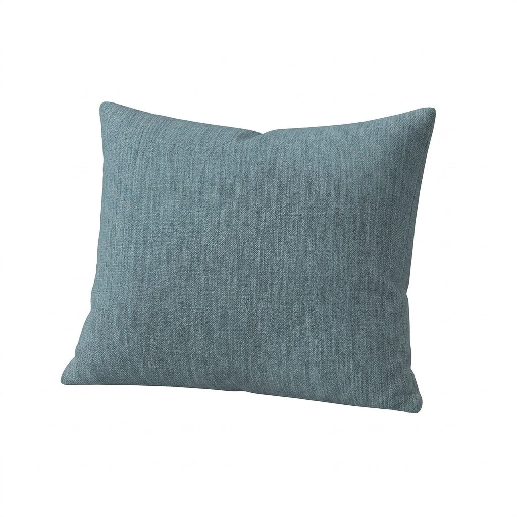 A square throw pillow in a textured slate blue fabric, shown against a plain white background.